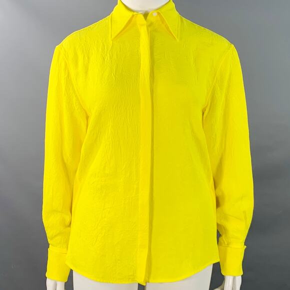 PROENZA SCHOULER L Neon Yellow Wrinkled Acetate Hidden Placket Long Sleeve Shirt - Picture 1 of 8